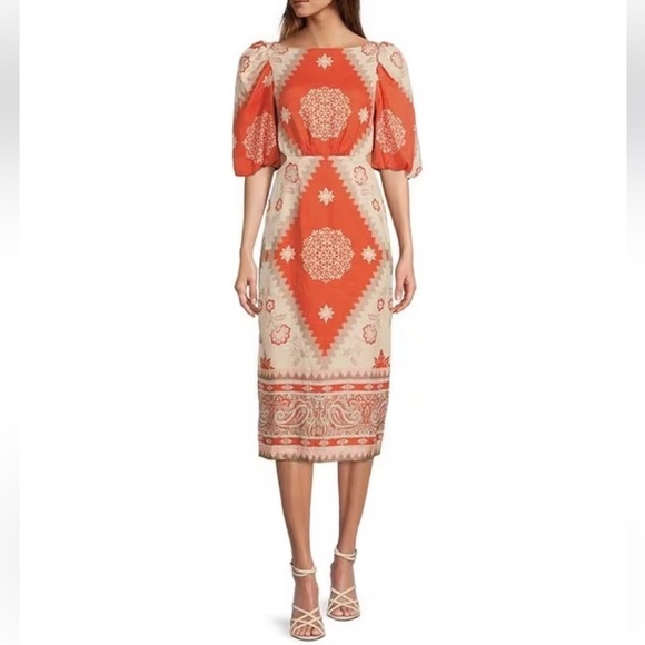 Antonio Melani Akira Linen Printed Boat Neck Bow Detail Sheath Midi Dress NWT - Picture 1 of 16
